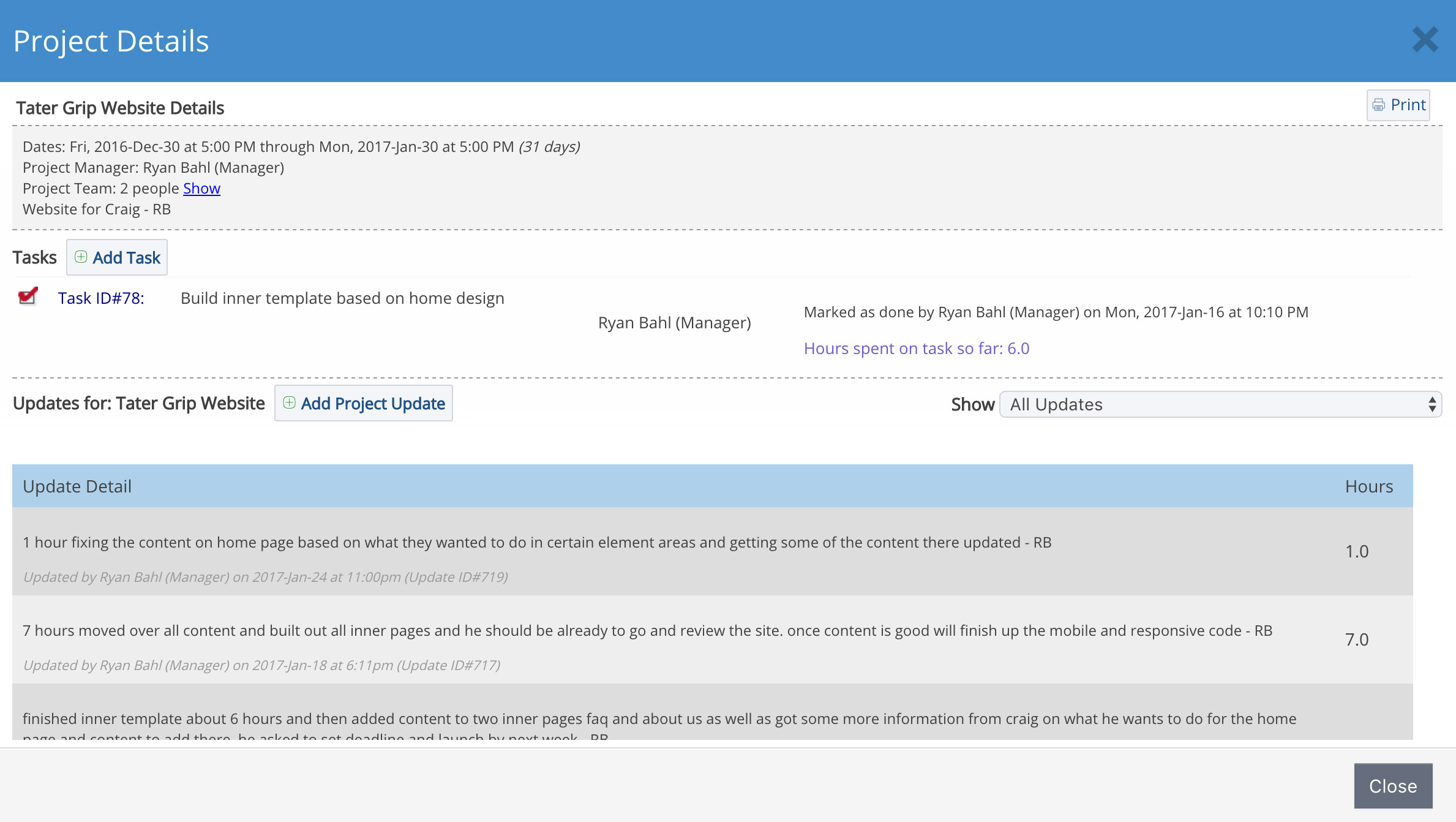 Project Management details